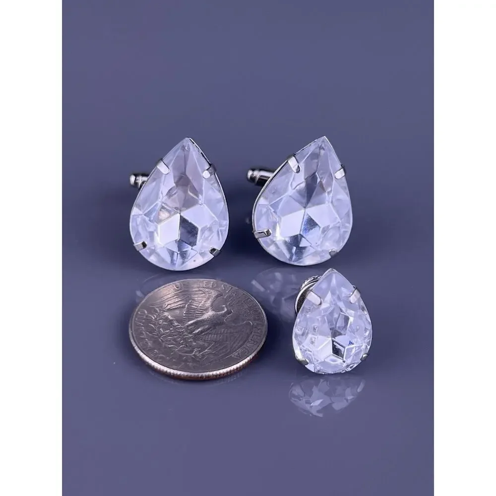 Large White Acrylic Teardrop Cufflinks Tie Clip Pin Set Silver Tone Vintage
